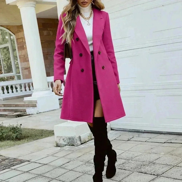 Hot Pink Elegant Women's Lapel Neck Double Breasted Overcoat - Picture 4 of 6